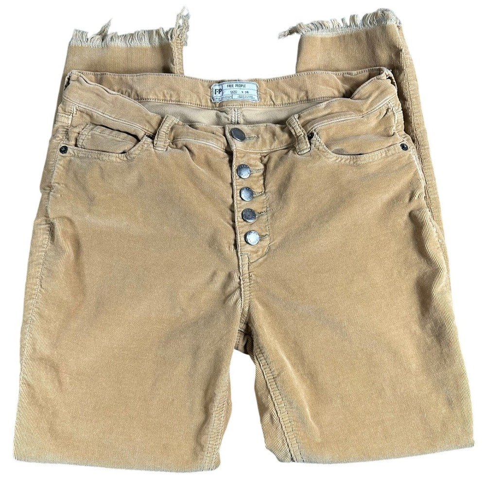 Free People Corduroy Women 28 Button Fly High Waisted Skinny Pants Tan Fringe